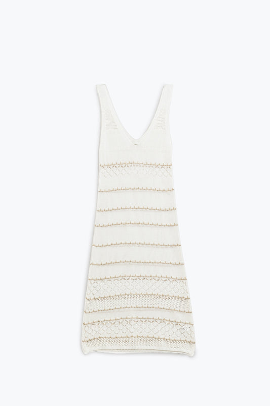 Q2 Vestido blanco midi sin mangas con escote en pico y diseño de ganchillo