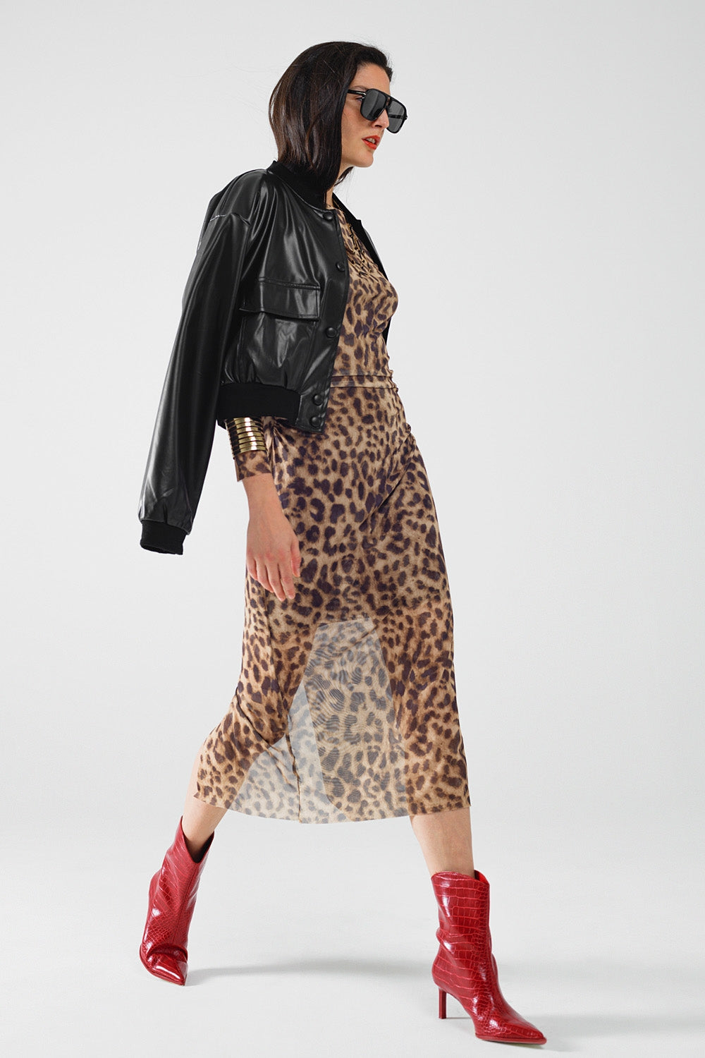 vestido bodycon midi transparente de manga larga con estampado de leopardo Q2