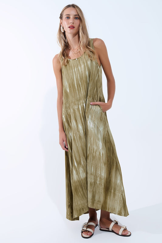 Q2 Vestido Boho Relajado en Kakhi Green Tie Dye en tejido de alta calidad