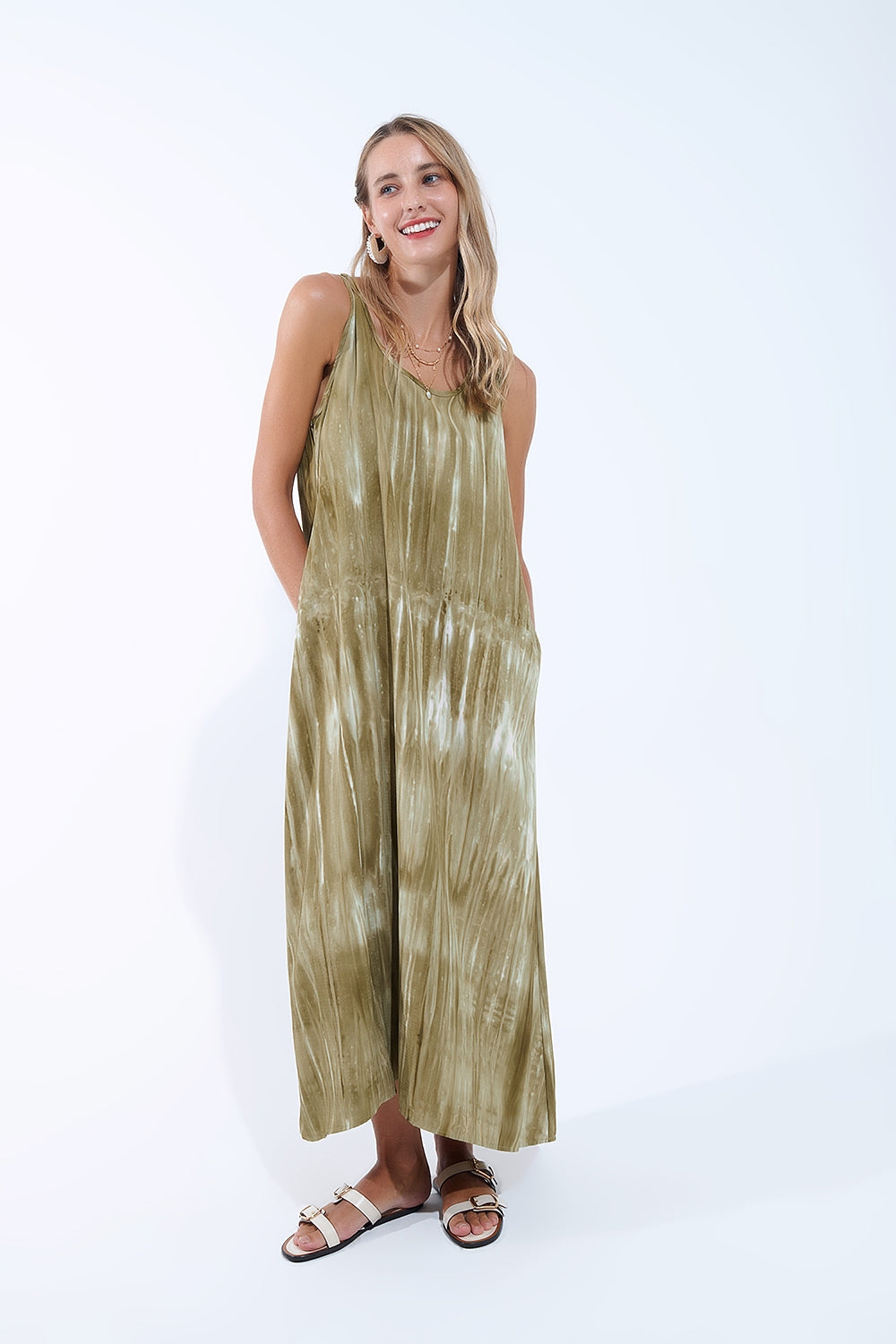 Vestido Boho Relajado en Kakhi Green Tie Dye en tejido de alta calidad Q2