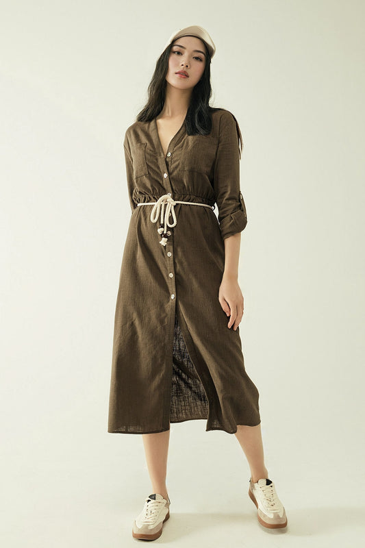 Q2 Vestido camisero Khaki de manga larga con cierre de botones