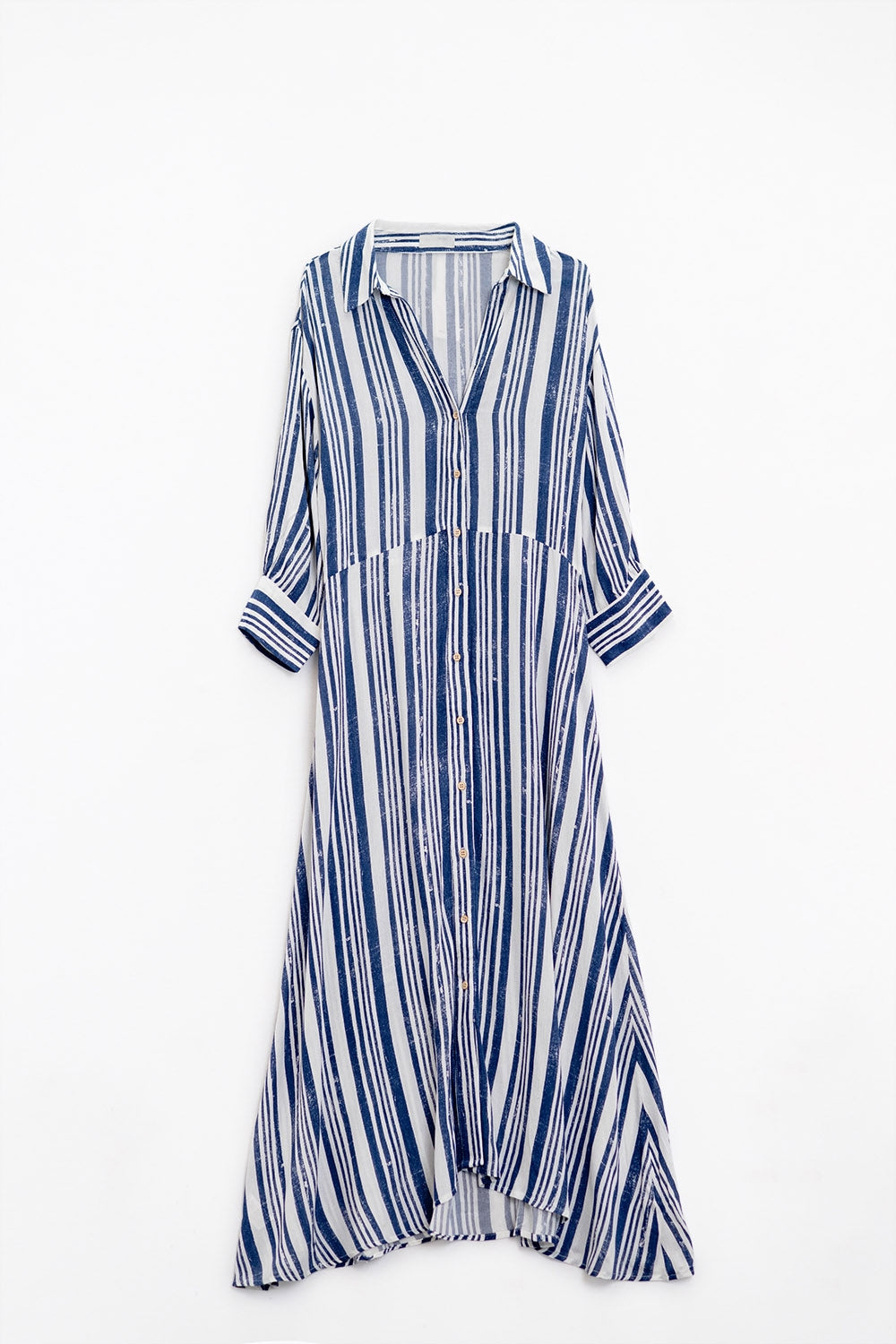 Vestido camisero largo a rayas con manga 3/4 y cinturón en azul y blanco Q2