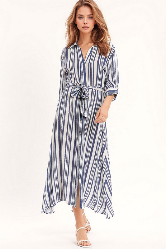 Q2 Vestido camisero largo a rayas con manga 3/4 y cinturón en azul y blanco