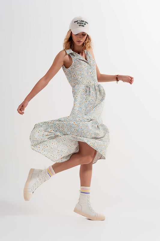 Q2 Vestido camisero sin mangas con estampado floral azul