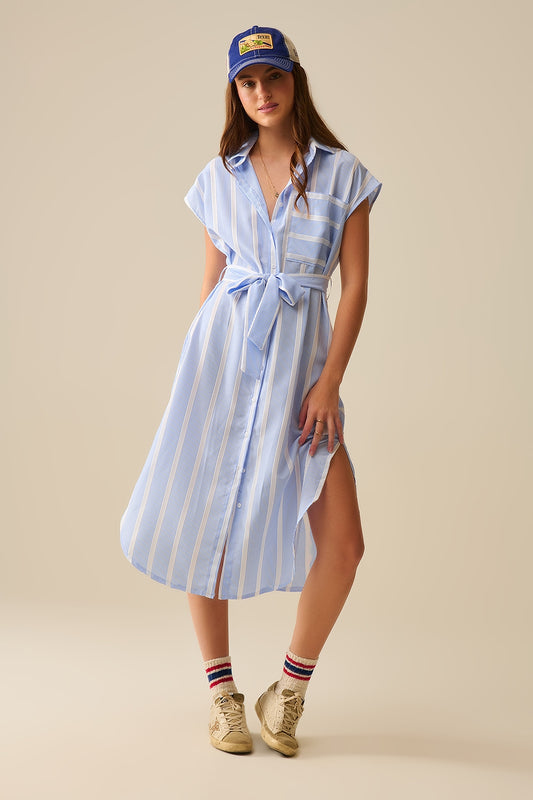 Q2 Vestido camisero sin mangas de rayas azules y blancas
