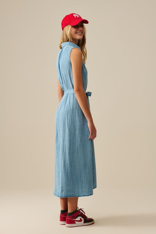 Vestido camisero sin mangas en tejido tencel Azul Q2