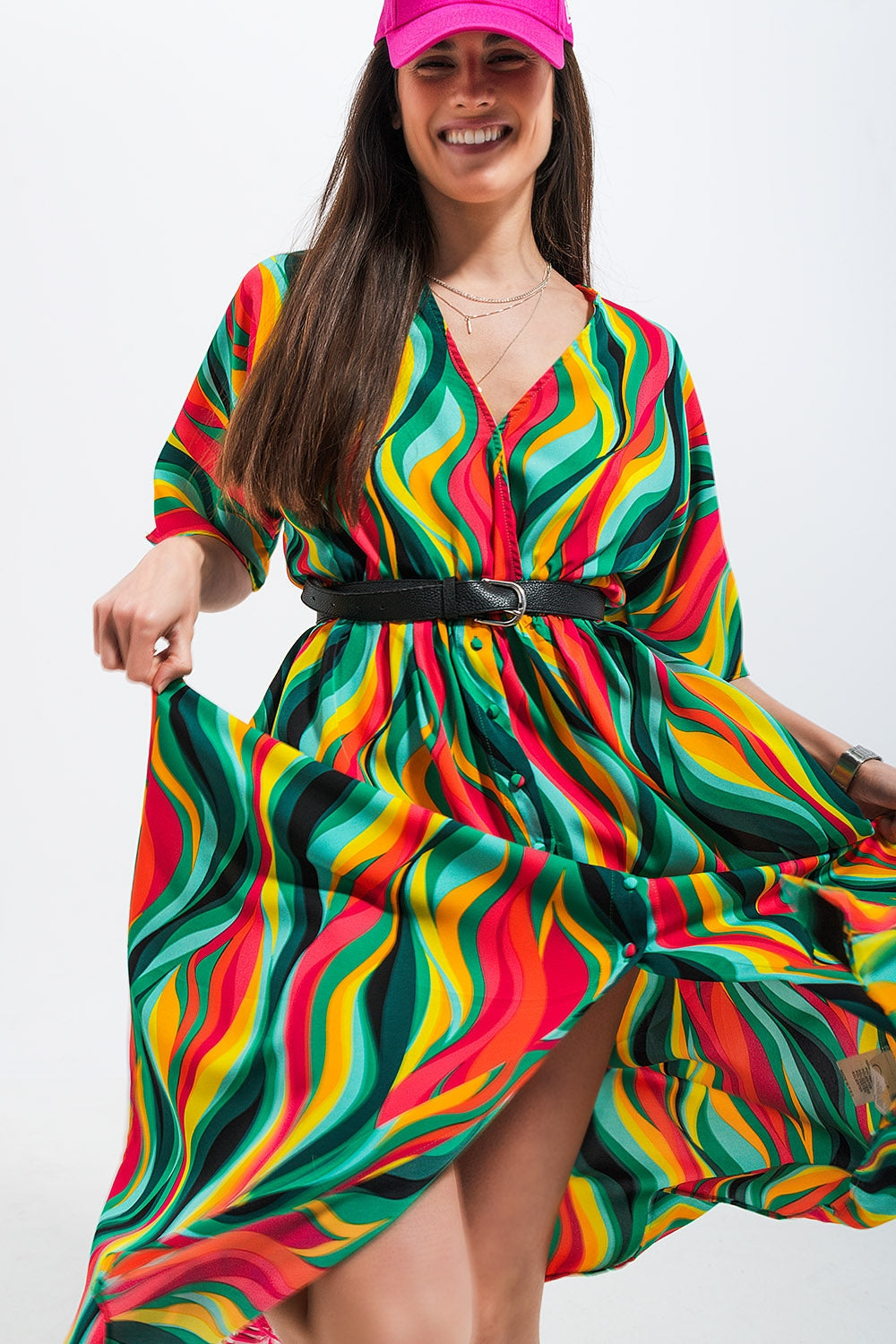 Vestido camisero verde con estampado abstracto de remolinos Q2