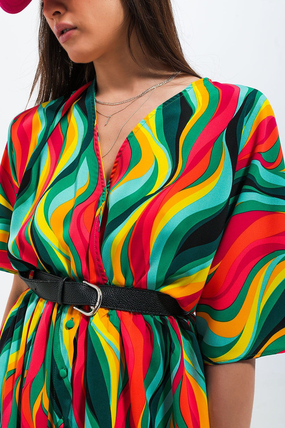 Vestido camisero verde con estampado abstracto de remolinos Q2