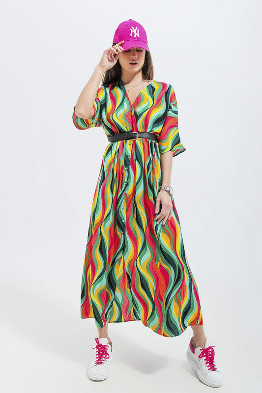 Q2 Vestido camisero verde con estampado abstracto de remolinos
