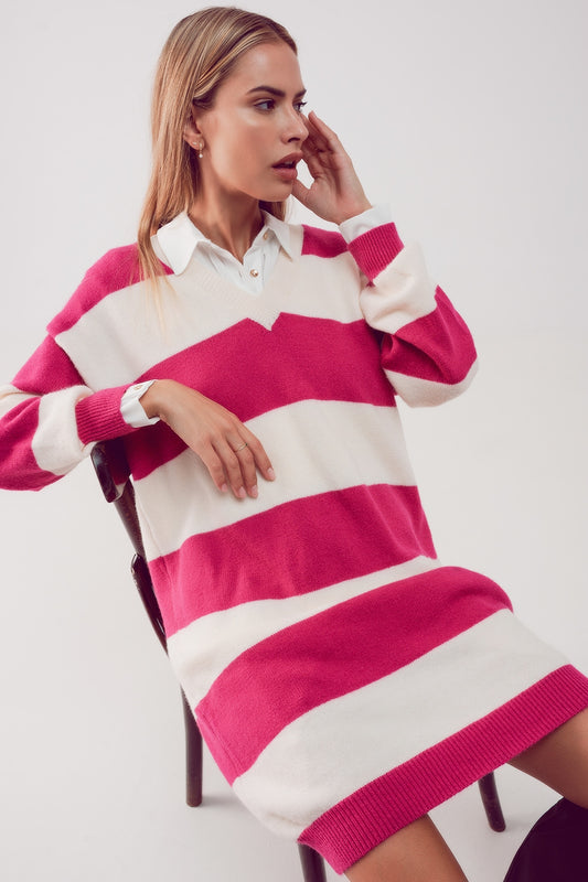 Q2 Vestido color fucsia y negro estilo jersey a rayas