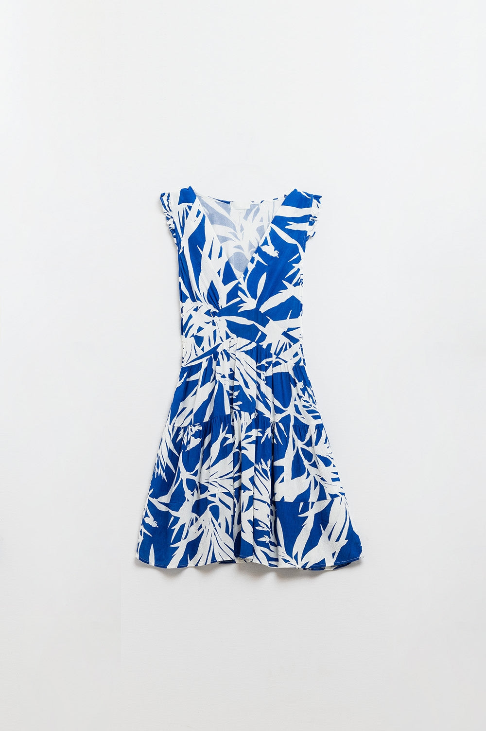vestido corto azul con estampado tropical de palmeras Q2