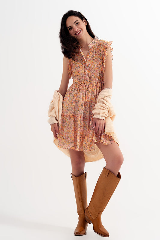 Q2 Vestido corto con bordes de volantes y flores estilo vintage color coral