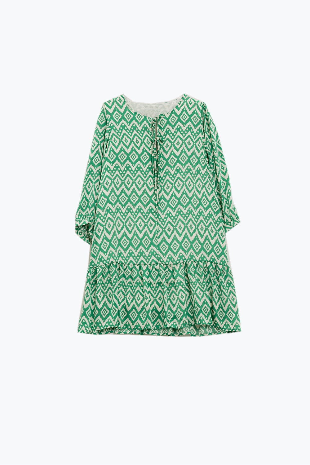 Vestido corto con detalle de lazo en la parte delantera en estampado étnico verde Q2