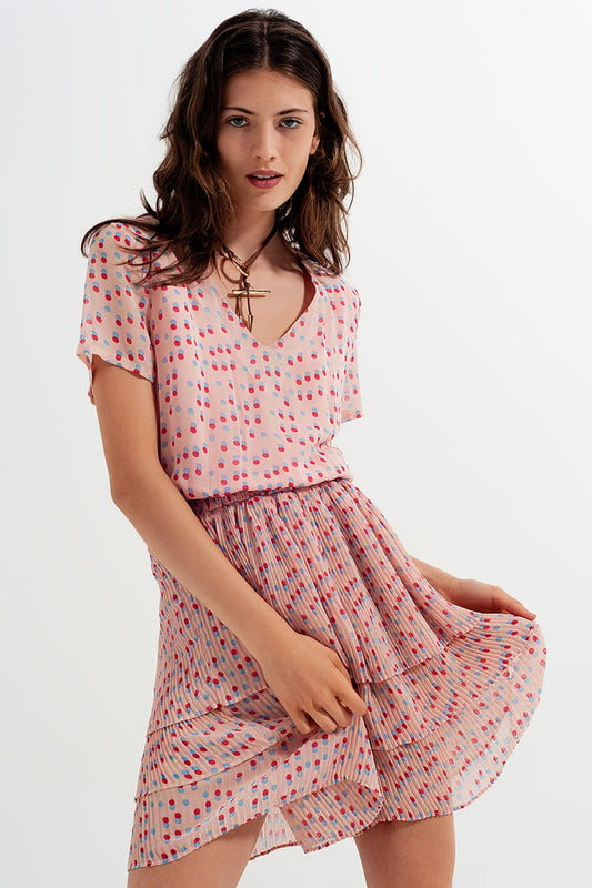 Q2 Vestido corto con diseño fruncido y sobrefalda en rosado