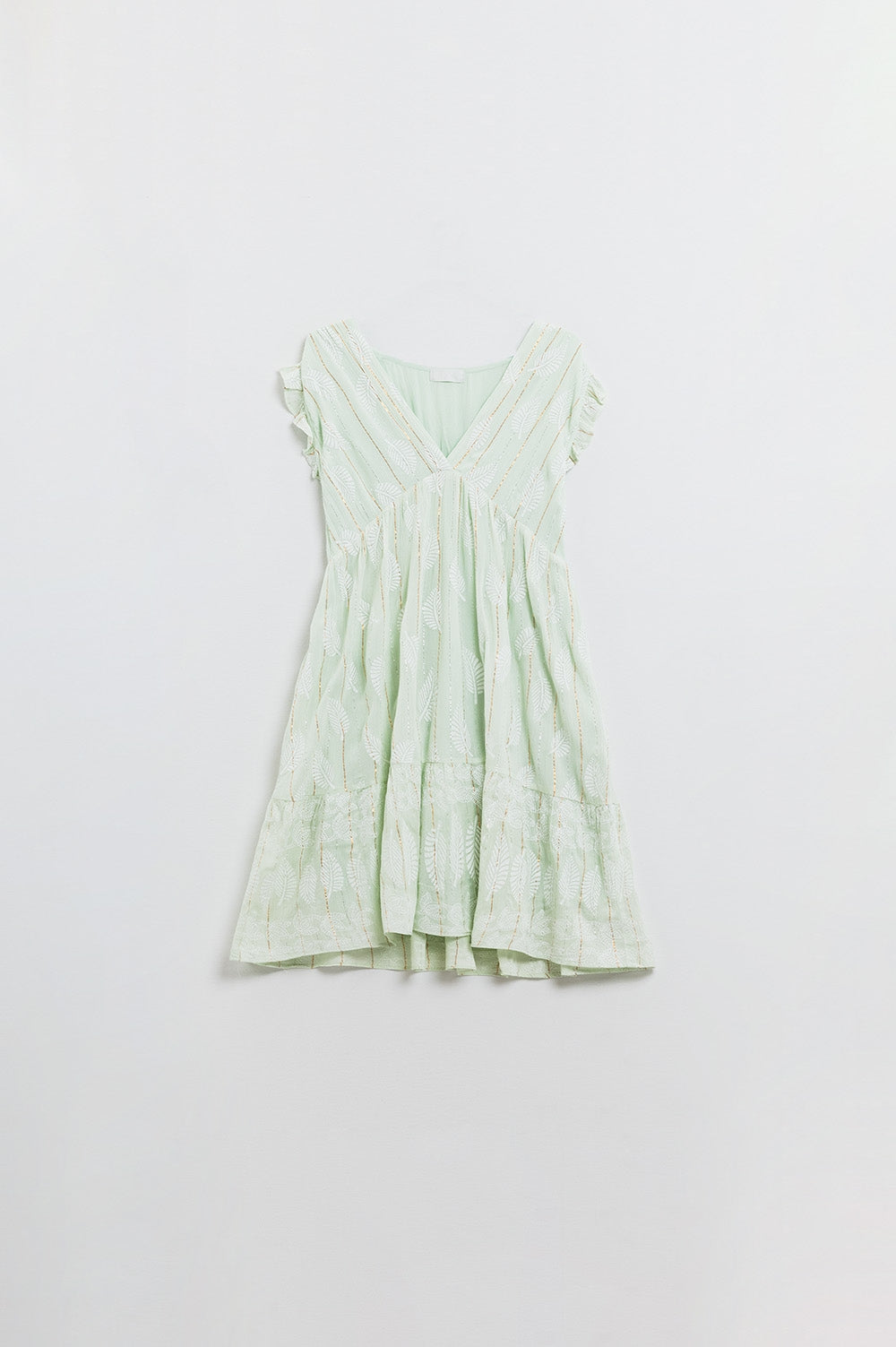 Vestido corto con estampado de hojas e hilo de lúrex en color menta Q2