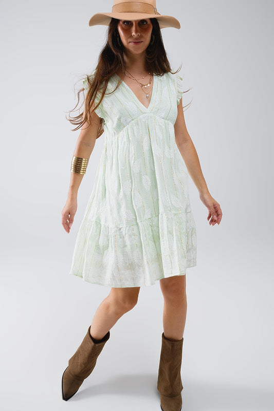 Q2 Vestido corto con estampado de hojas e hilo de lúrex en color menta