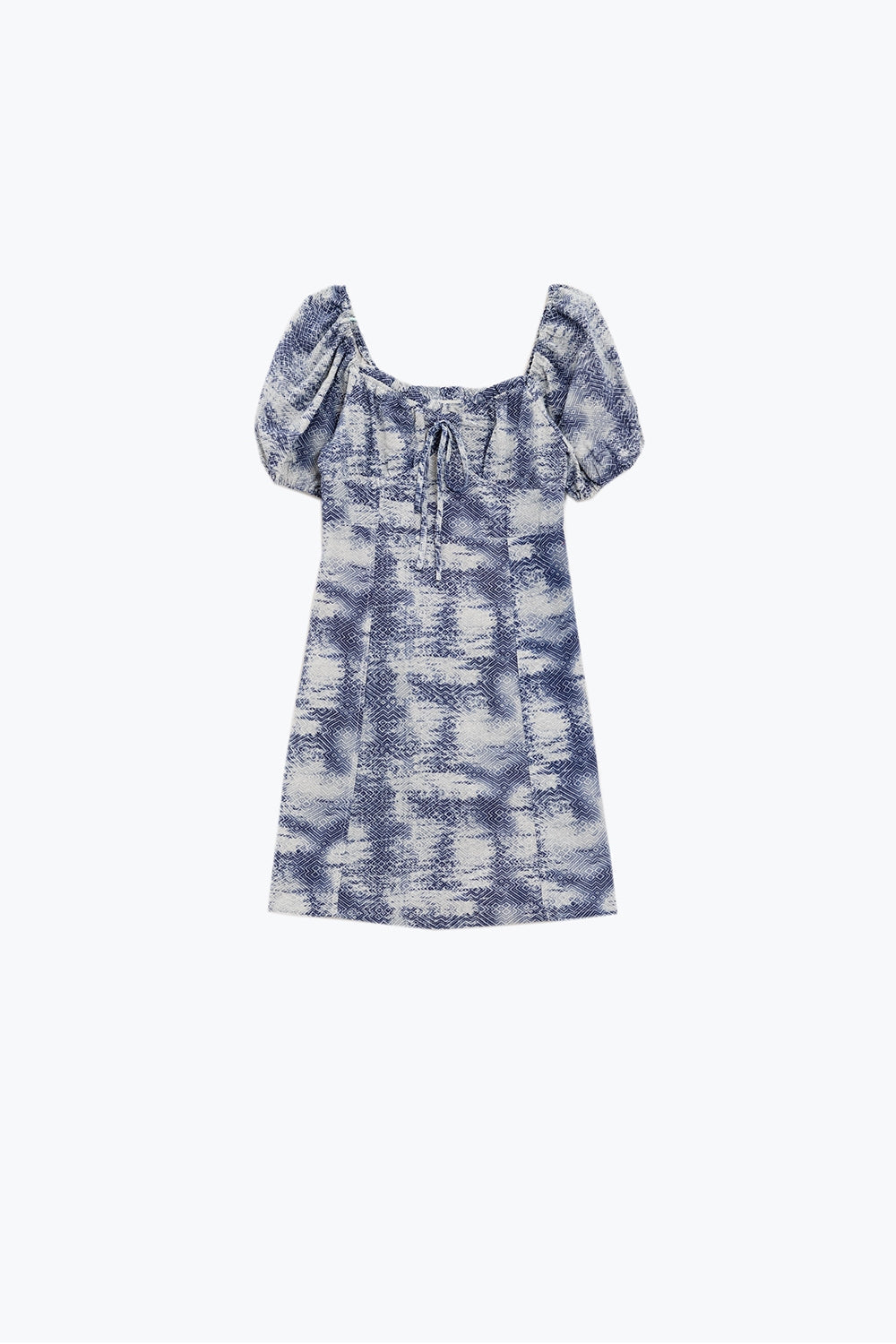 Vestido corto con mangas abullonadas en estampado abstracto azul y blanco Q2