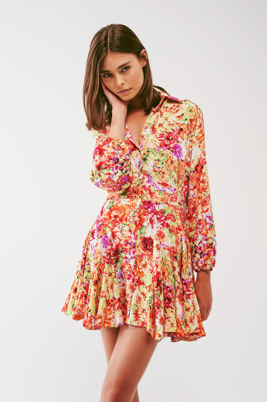 Q2 Vestido corto con volantes en estampado floral multicolor