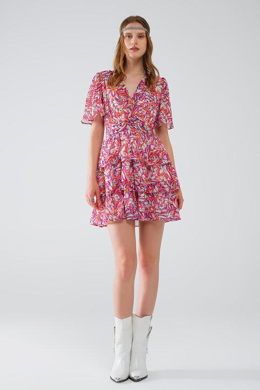 Q2 Vestido corto multicolor de gasa con estampado floral y diseño fruncido