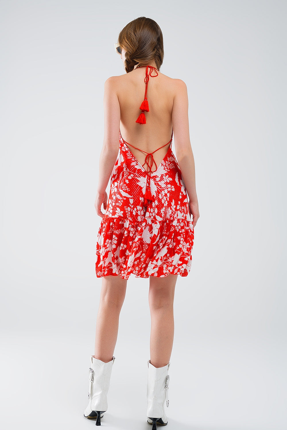 Vestido corto rojo con estampado floral boho con detalle de lurex Q2