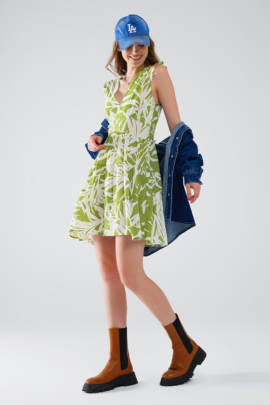 Q2 vestido corto verde con estampado tropical de palmeras