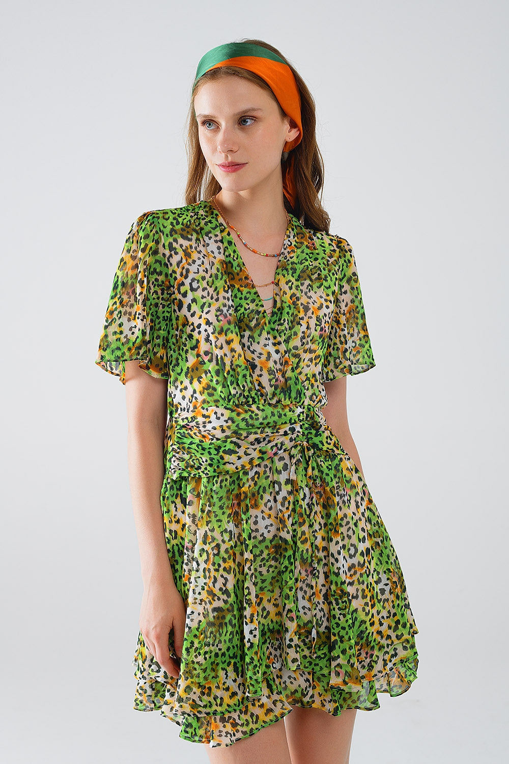 Vestido Corto Verde Multicolor Con Top Cruzado Con Estampado Animal Q2