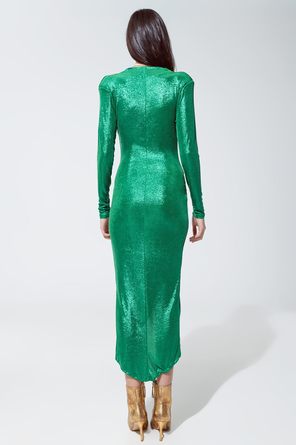 Vestido de fiesta con escote en verde metalizado Q2