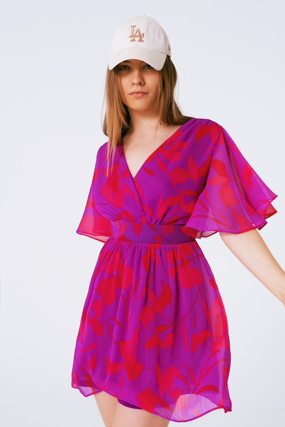 Vestido de gasa estampado de flores en manga corta Q2