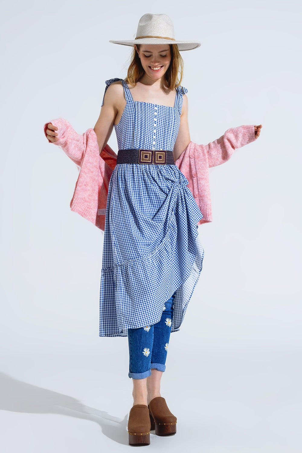 Q2 Vestido de guinga azul y blanco en línea A con tirantes ajustables