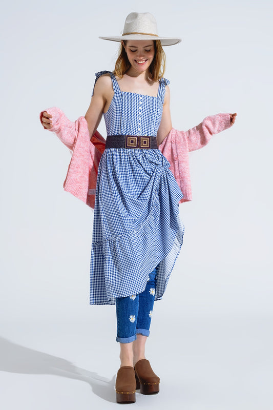 Q2 Vestido de guinga azul y blanco en línea A con tirantes ajustables