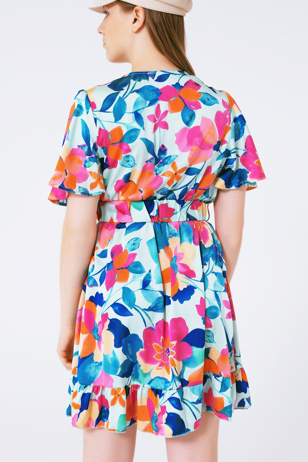 Vestido de raso suave estampado flores con cinturon Q2