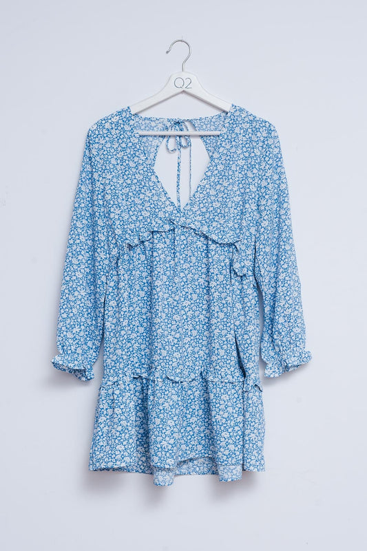 Q2 Vestido de tarde corto azul con espalda al aire y estampado de flores