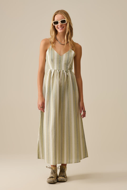 Q2 Vestido de tirantes a rayas con cuello en V en verde