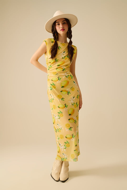 Q2 Vestido de tul con pliegues laterales en estampado amarillo limón