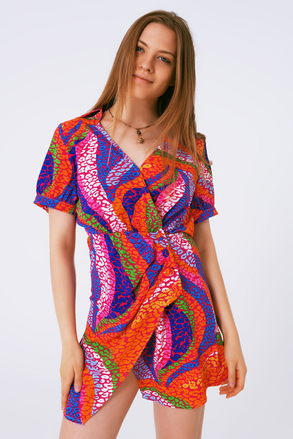 Vestido estampado multi color cruzad tonos rosas Q2