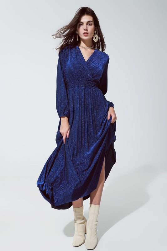 Q2 Vestido largo azul brillante entallado de talle alto y cuello en V