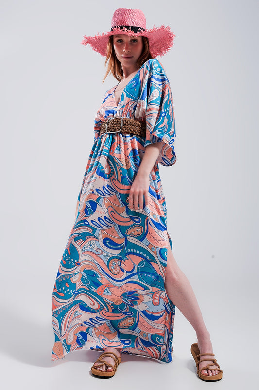 Q2 Vestido largo azul con detalles fruncidos en la cintura y lazada en la espalda