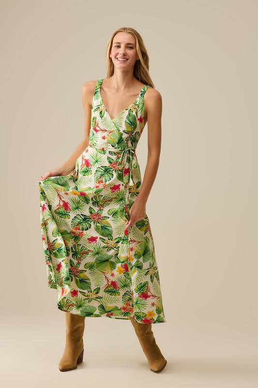 Q2 Vestido largo blanco con estampado tropical