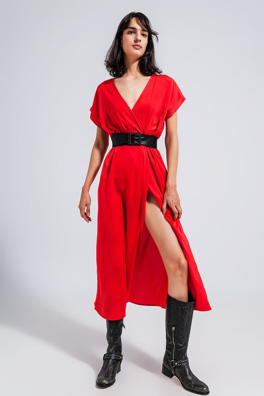 Q2 Vestido largo color rojo de manga corta en satén