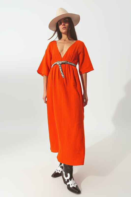 Q2 Vestido largo con cuello en V texturizado en naranja