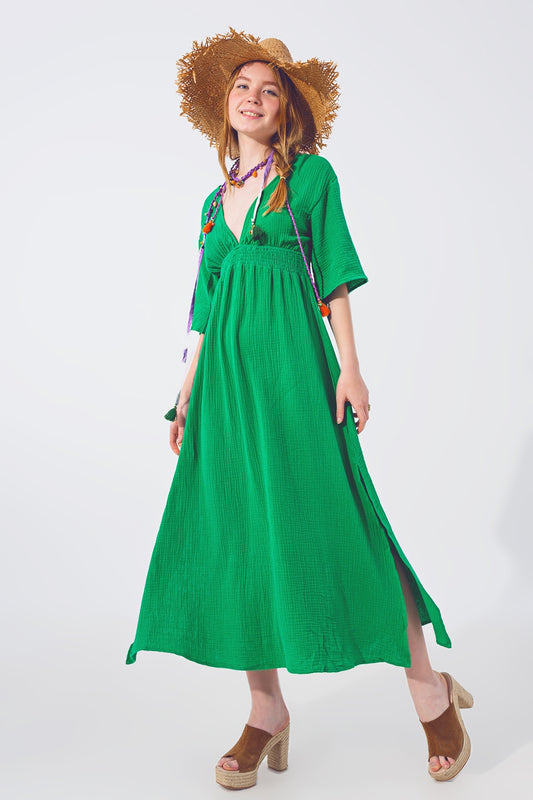 Q2 Vestido largo con cuello en V texturizado en verde