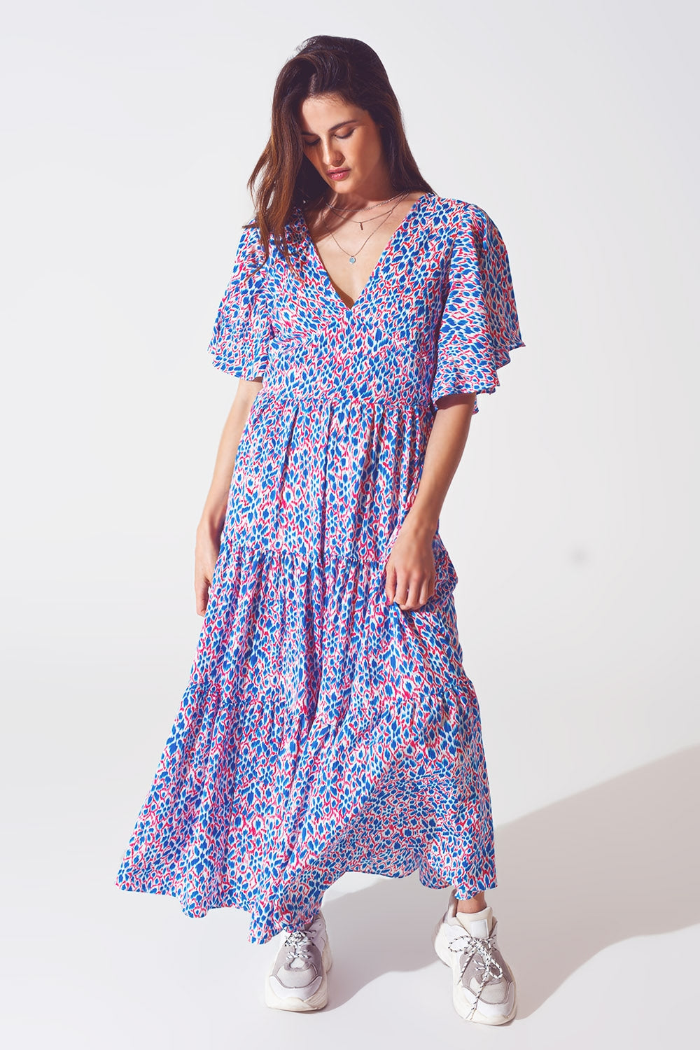 Vestido largo con espalda abierta y lazo en estampado morado Q2