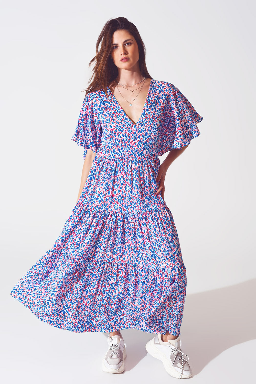 Q2 Vestido largo con espalda abierta y lazo en estampado morado