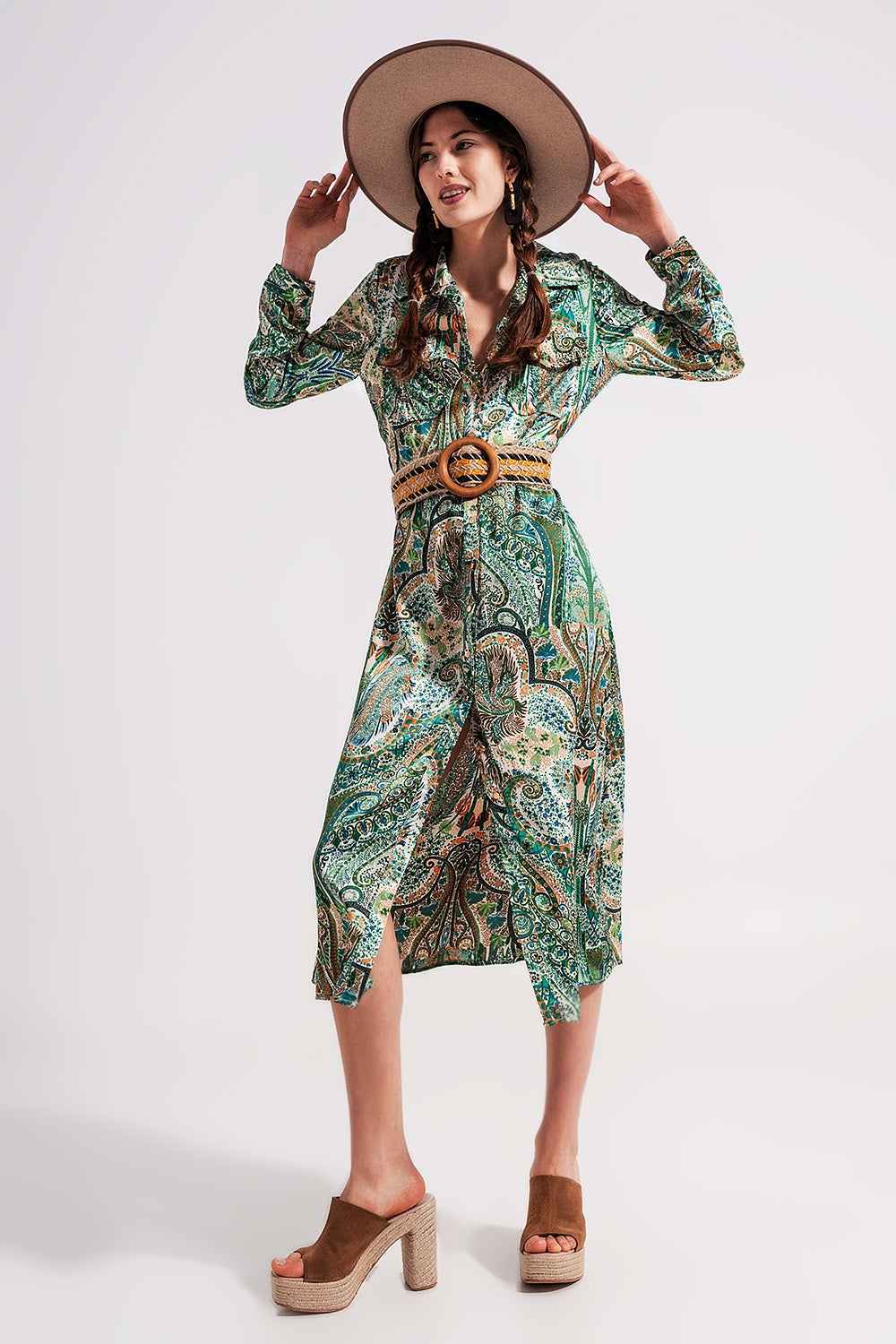 Vestido largo con estampado de cachemir verde Q2