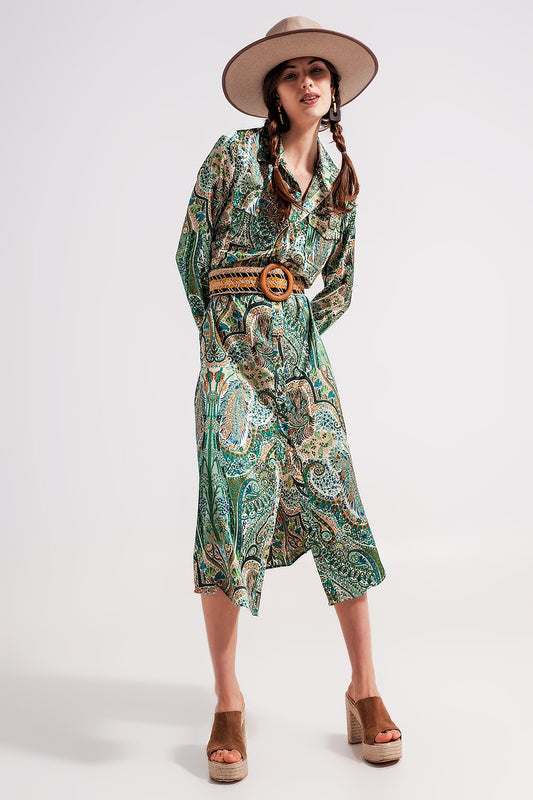 Q2 Vestido largo con estampado de cachemir verde