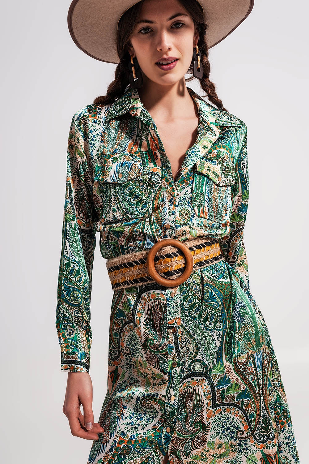 Vestido largo con estampado de cachemir verde Q2