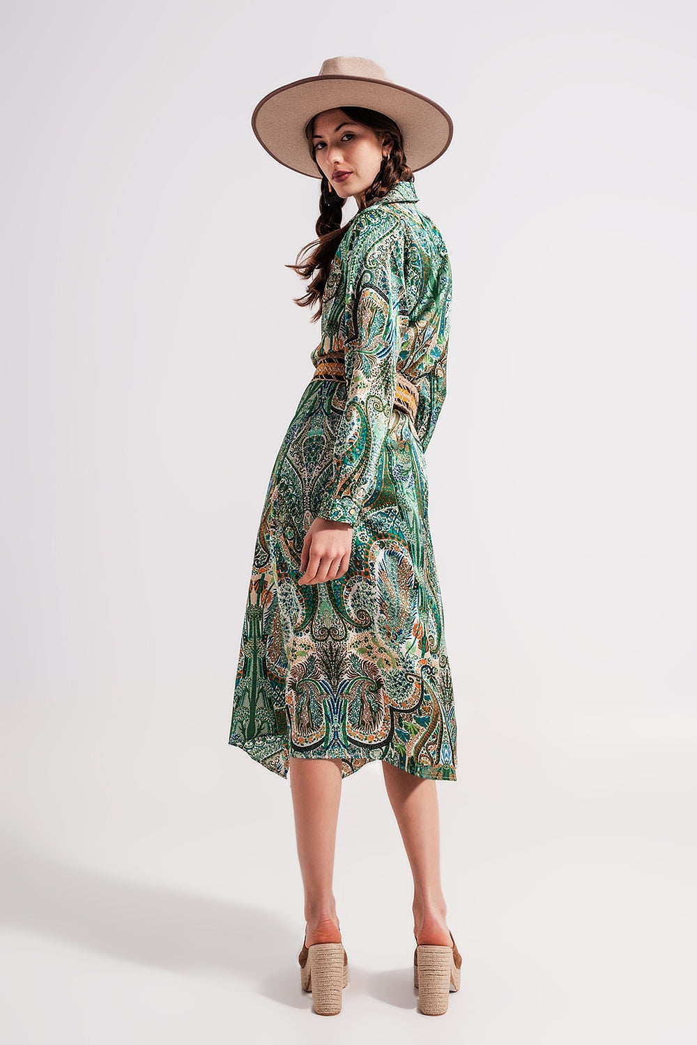 Vestido largo con estampado de cachemir verde Q2