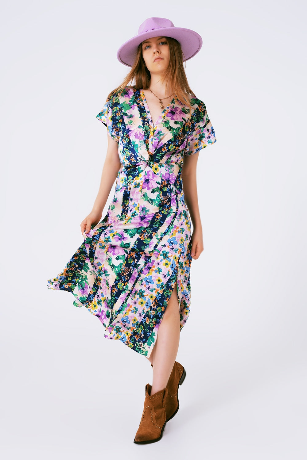 Q2 Vestido largo con estampado de flores y nudo frontal en multicolor morado y verde
