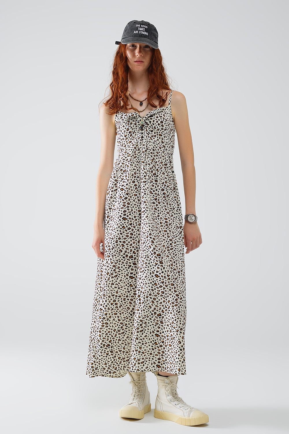 Q2 Vestido largo con estampado de leopardo y detalle de nudo