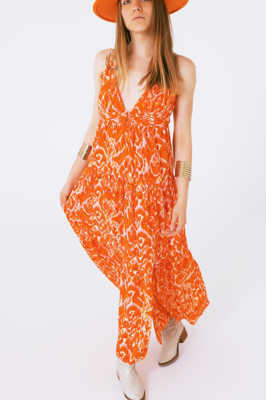 Q2 Vestido largo con estampado floral y escote en V en naranja